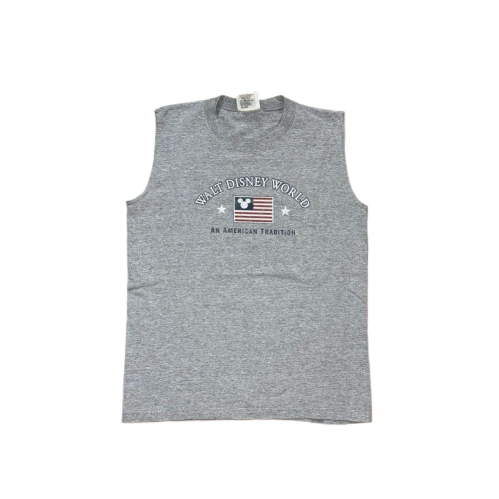 Vintage Collectible Walt Disney World Sleeveless Gray Flag Tee Shirt Size S/M
